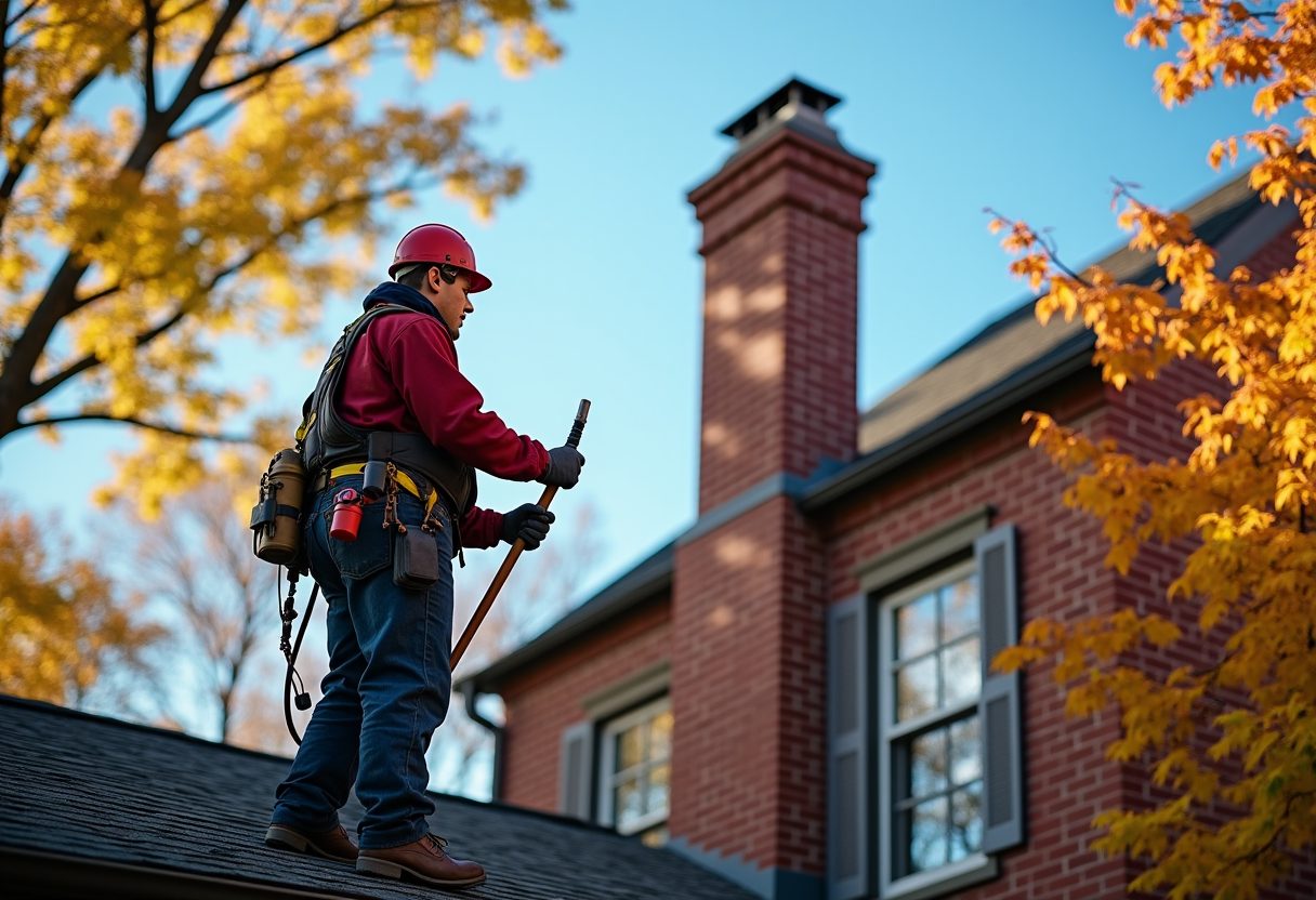 Chimney sweep on the roof of a brick colonial home — Suitland